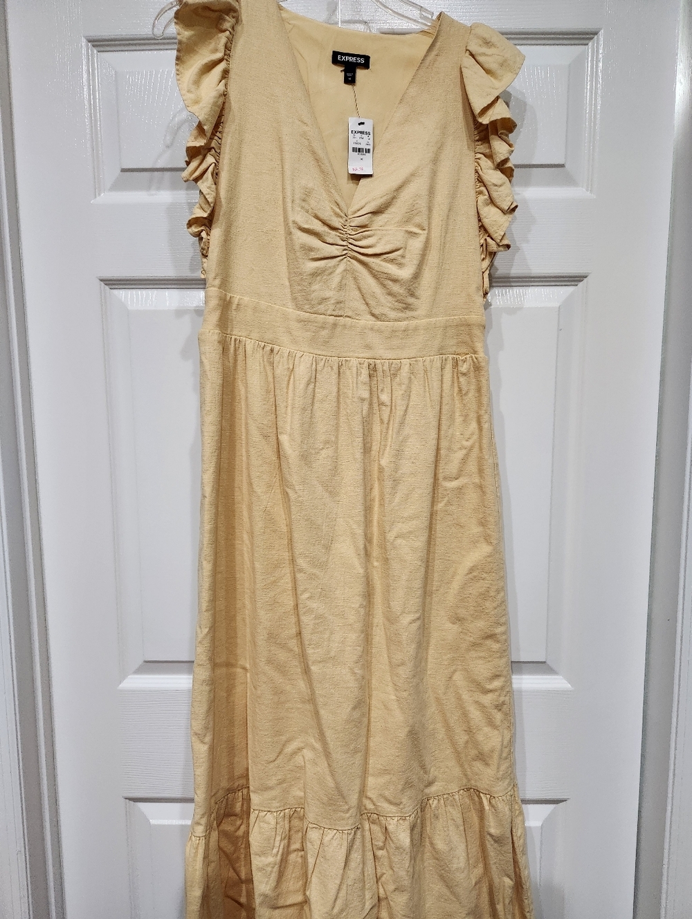 Express Women's Cream Ruffle Maxi Dress with Flutter Sleeves